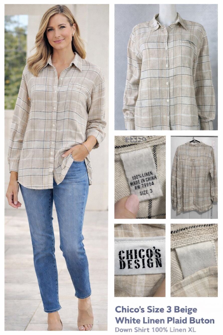 Chico’s Design 100% Linen Plaid Button Front Shirt Size 3 XL Beige Neutral